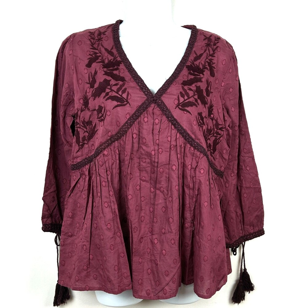 Indigo Thread Burgundy V Neck Cotton BoHo Top  NEW Size L